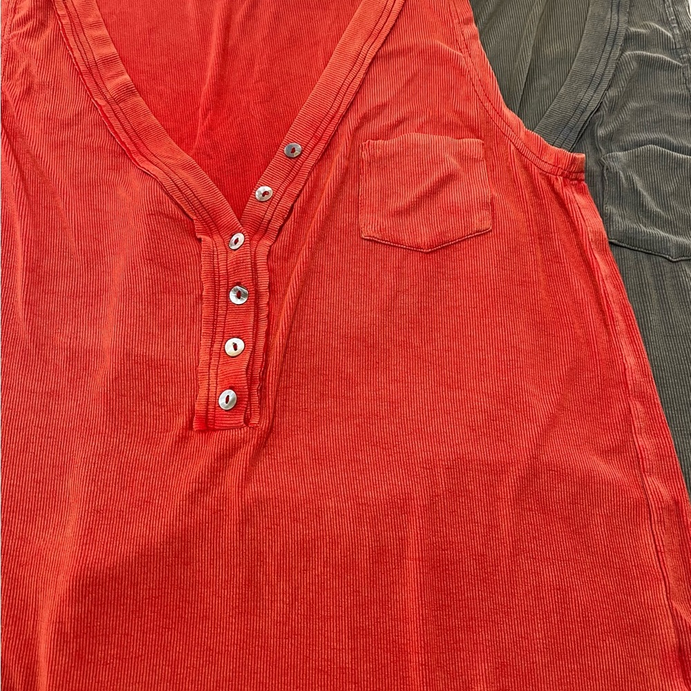 POL Vibrant Orange and one Navy stitch greenish golden Ribbed Top Henley tank